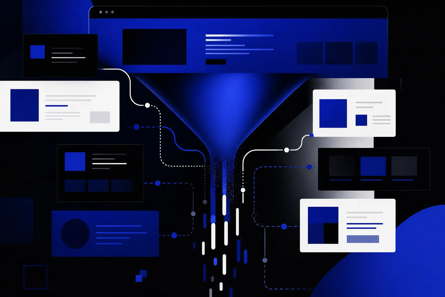 Ilustración editorial de una web como punto de fuga donde se pierden oportunidades comerciales.